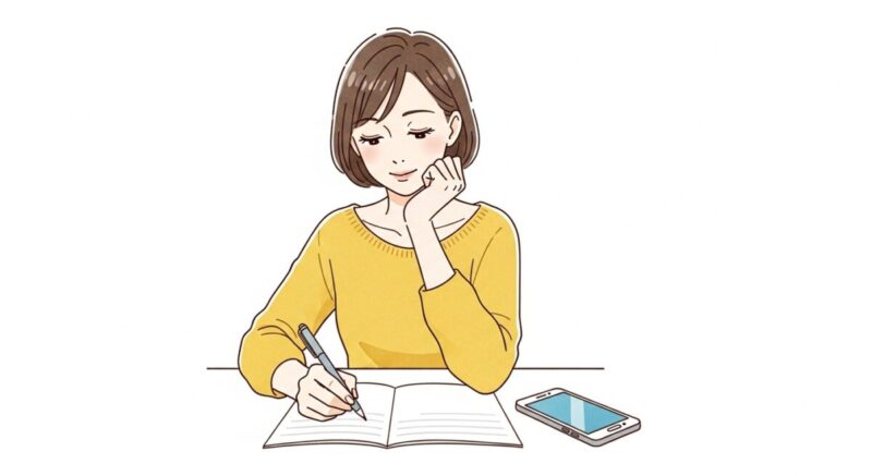 紙に書き出しながら気持ちを整理する日本人女性のイラスト