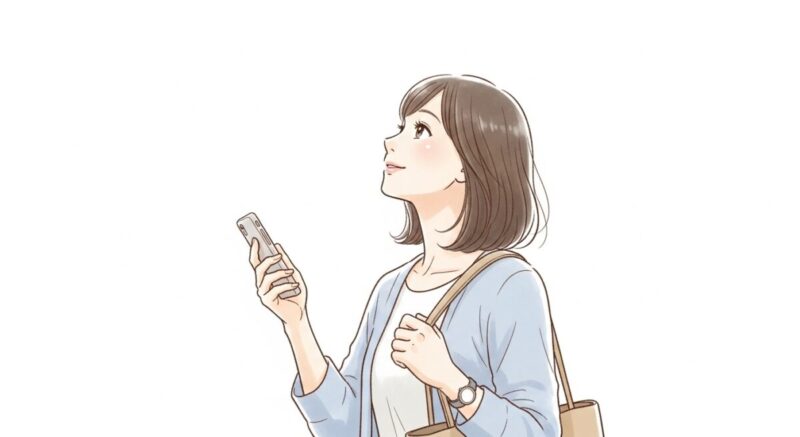 スマホを持ちつつ前を向いて歩く日本人女性の希望を感じさせるイラスト