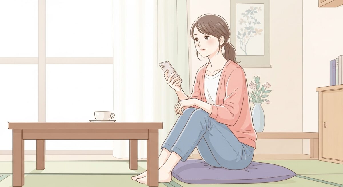 畳の部屋でスマートフォンを見つめながら返信を考えている日本人女性の繊細なイラスト