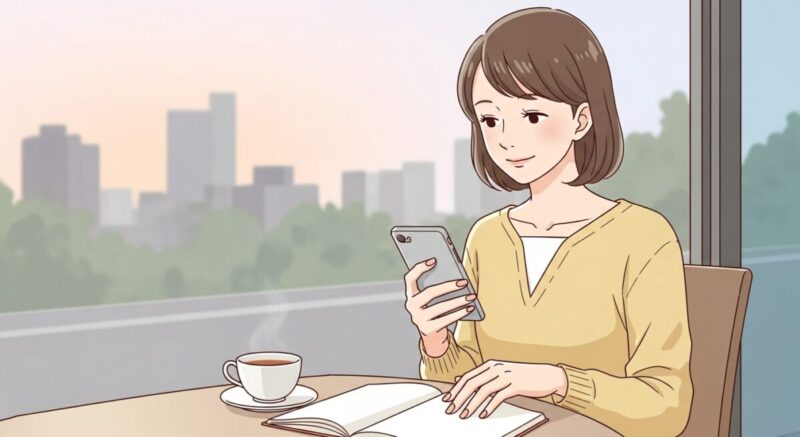 カフェのテラスでLINEの内容を考えている日本人女性のイラスト