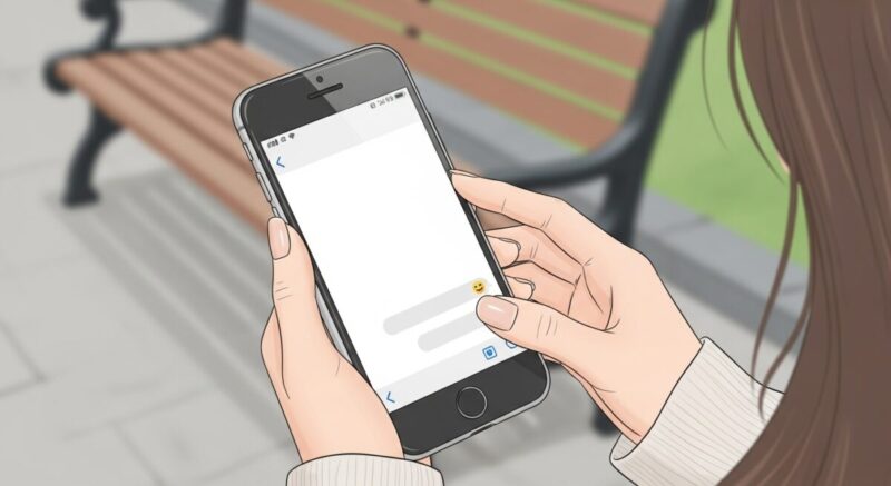 スマートフォンを持つ日本人女性の手元のイラスト（LINEのテンプレートをイメージ）