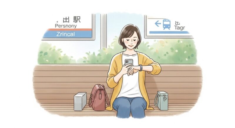 駅のベンチでスマホと時計を確認する日本人女性のイラスト