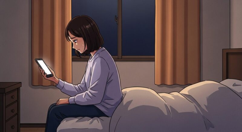 夜の部屋でLINEを見返し反省している日本人女性のイラスト