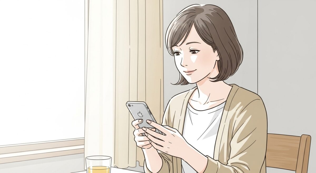 スマホを見つめてLINEの送信タイミングを悩む日本人女性の繊細なイラスト