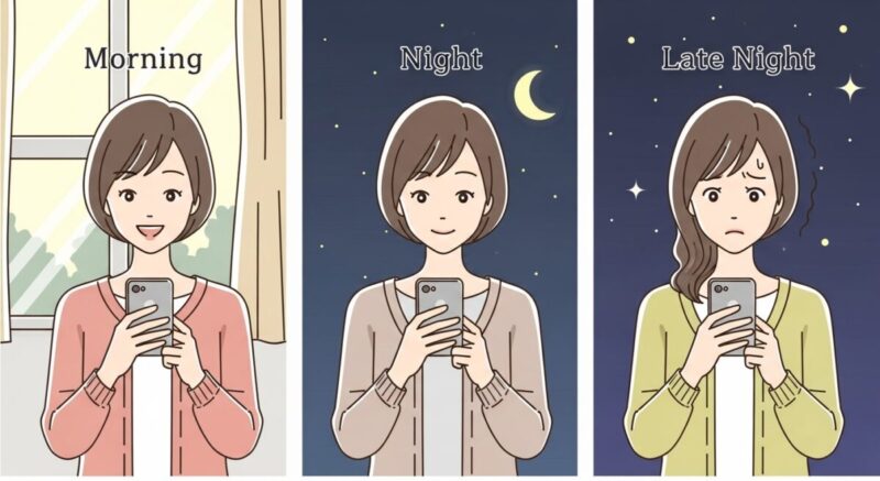 LINEを送る時間帯ごとに異なる表情を見せる日本人女性のイラスト（朝・夜・深夜）