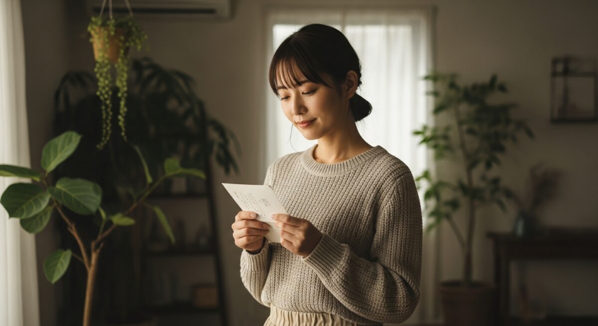 窓辺で柔らかな光に包まれながら、手紙を見つめて静かに佇む女性の写真。