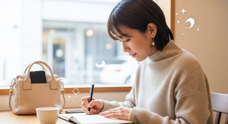 カフェでノートに夢の内容を書き留める、前兆を振り返る女性のイラスト。