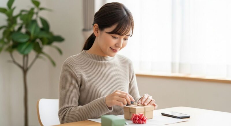 プレゼントを丁寧に包みながら、静かに思いを馳せる女性の実写写真。