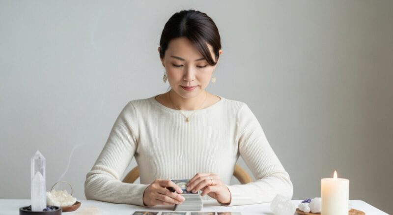 静かな部屋でタロットを広げ、潜在意識に意識を向ける女性のイラスト。