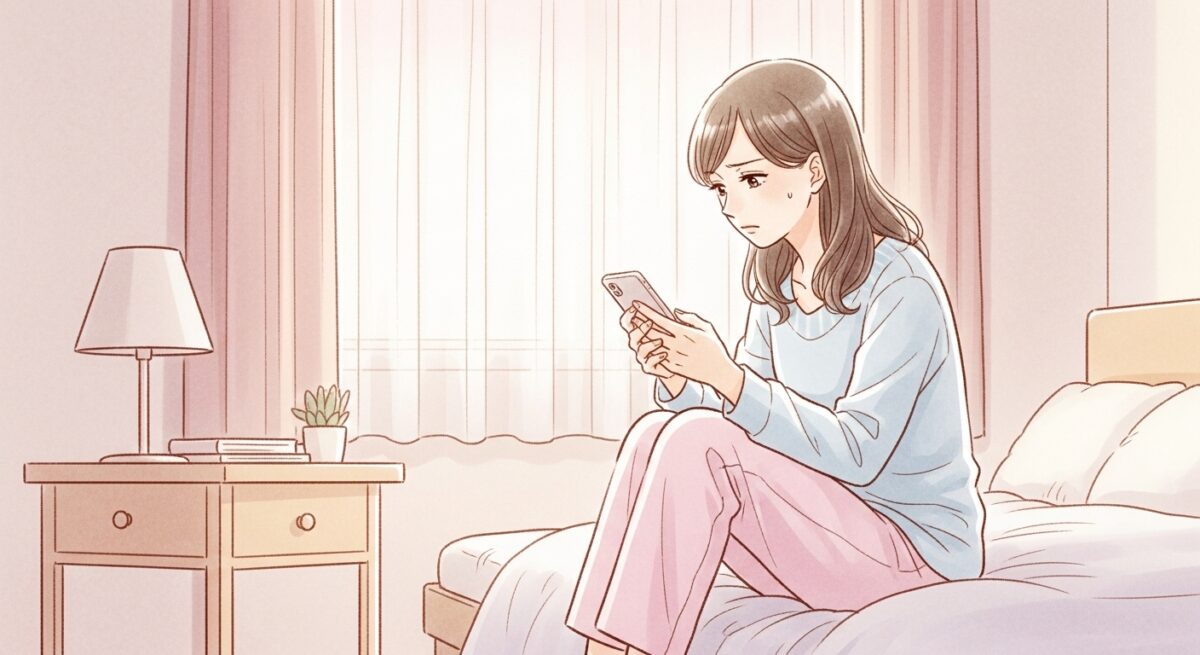冷却期間中にスマホを見つめながら気持ちを整理している女性の繊細なイラスト