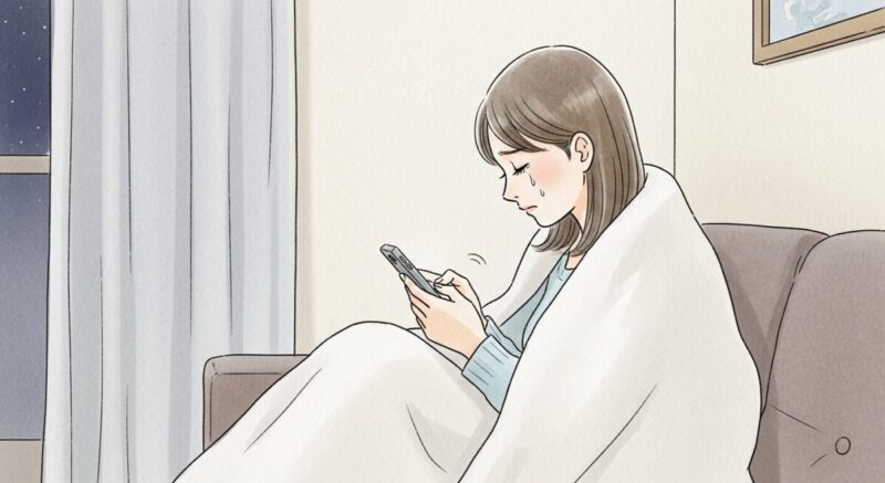 ブランケットにくるまりながら涙をこぼし、スマートフォンを見つめる女性の横向きイラスト