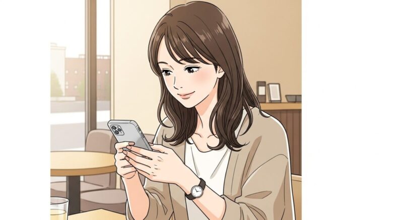 カフェのテーブルでスマホを持ち、微笑みながら返信を待つ女性のイラスト