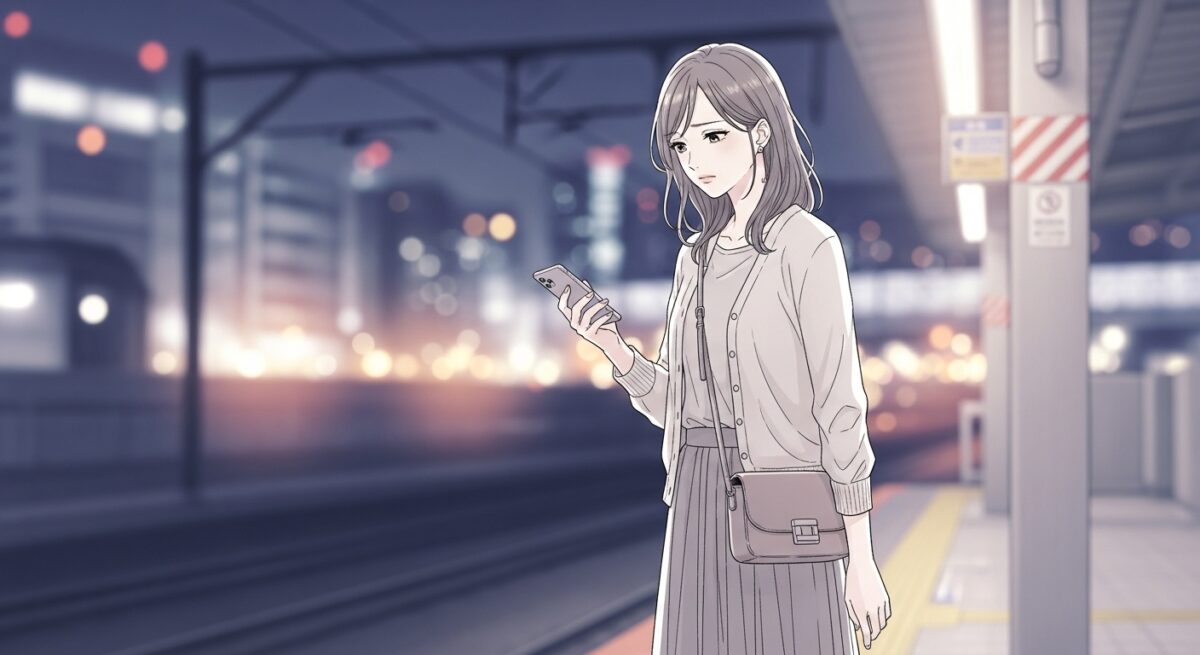 夜の駅のホームでスマホを手に佇む日本人女性のイラスト(揺れる気持ちを抱えた表情)