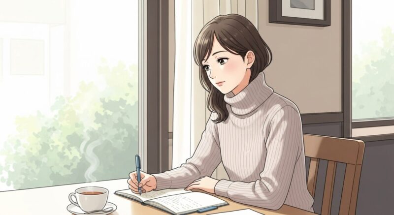 カフェの窓辺でノートに気持ちを書き綴る日本人女性のイラスト(静かな朝の空気感)