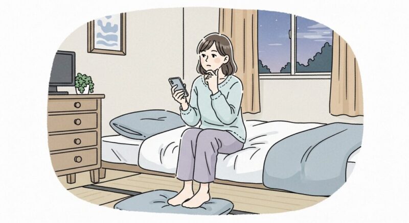 スマートフォンを見ながら悩む表情の日本人女性のイラスト(室内での一人時間)