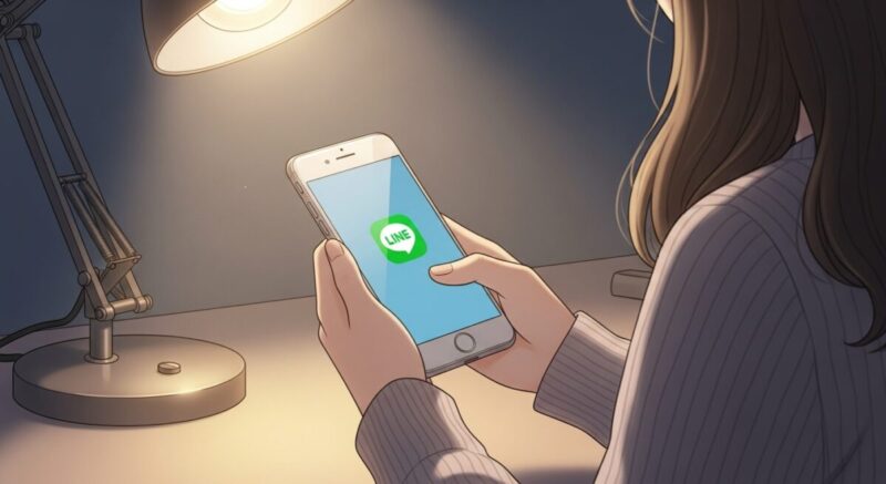 LINEのアイコンだけが表示されたスマホを持つ日本人女性の手元イラスト(夜のやさしい雰囲気)