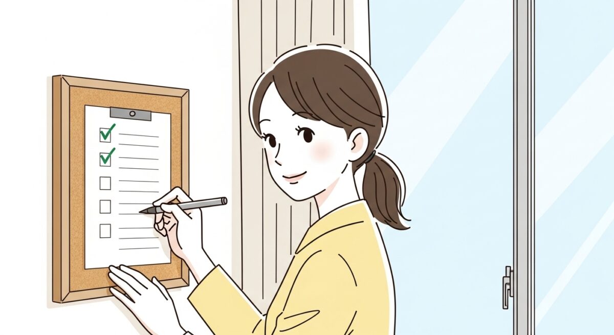 チェックリストを壁に貼って記入する女性のイラスト