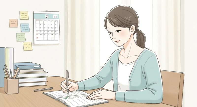 チェックリストを丁寧に書き込む落ち着いた表情の女性のイラスト