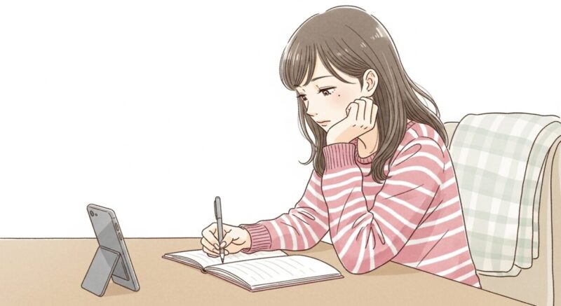 スマホを伏せたまま手帳に向き合う女性の横顔イラスト
