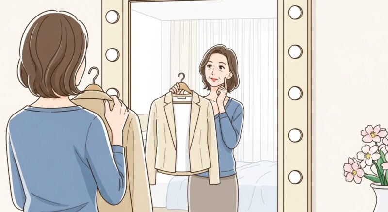 新しい服を手に取りながら鏡の前で考える女性のイラスト