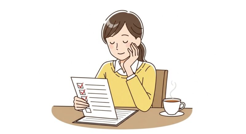 チェックリストを見ながら安心した表情を浮かべる女性のイラスト