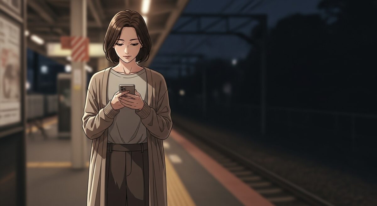 遠距離恋愛で悩む女性が、連絡すべきか迷いながら静かな夜の駅に立つ姿のイラスト。