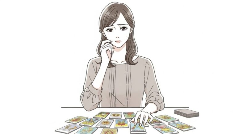 タロットカードに手を添えて迷いを抱える女性の横顔と手元を描いたイラスト。