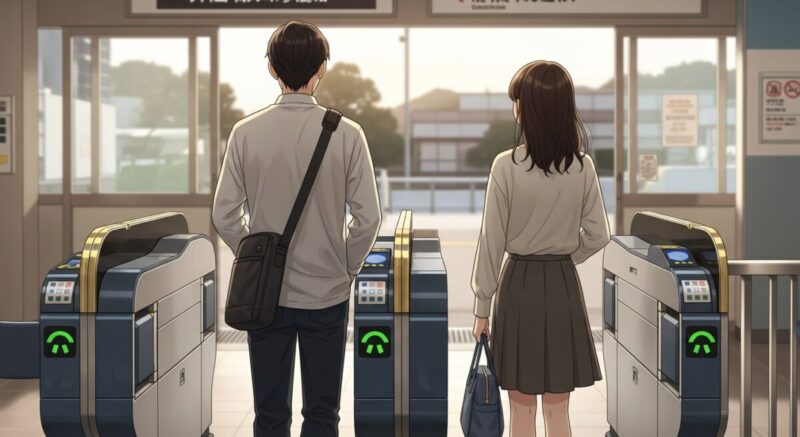 再会に向かう男女が駅の改札へと歩いていく後ろ姿を描いた、遠距離恋愛の温かなイラスト。