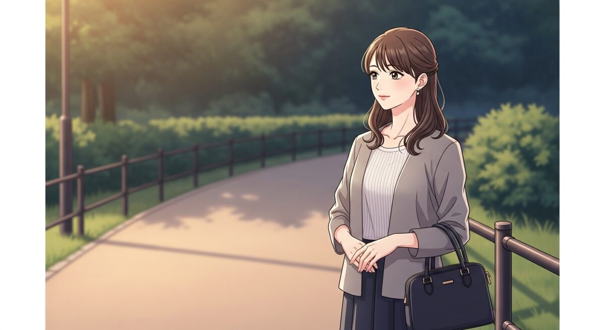 夕暮れの公園で静かに立つ日本人女性のイラスト。変化を内に秘めた落ち着いた雰囲気を表現。