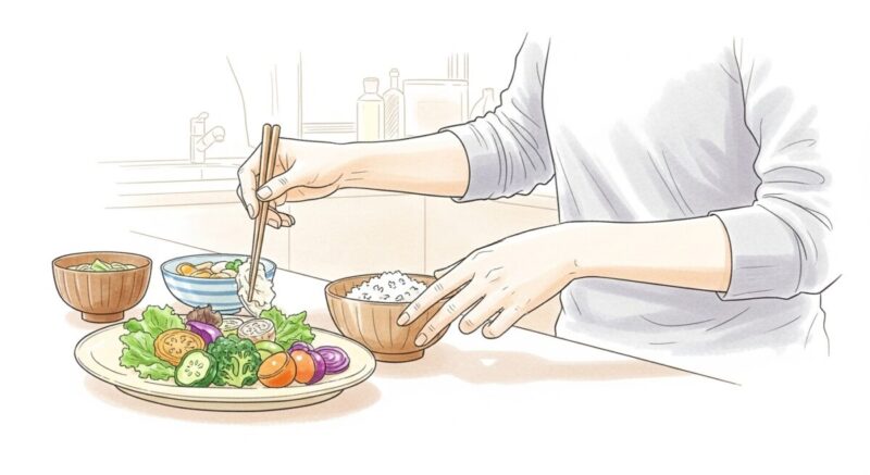 温かみのあるキッチンで料理を盛り付けている日本人女性の手元のイラスト。実写ではなく繊細なイラストで描写されたもの。