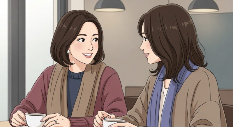 カフェで会話を楽しむ日本人女性ふたりのイラスト。落ち着いた色合いの中で笑顔が交差する場面。