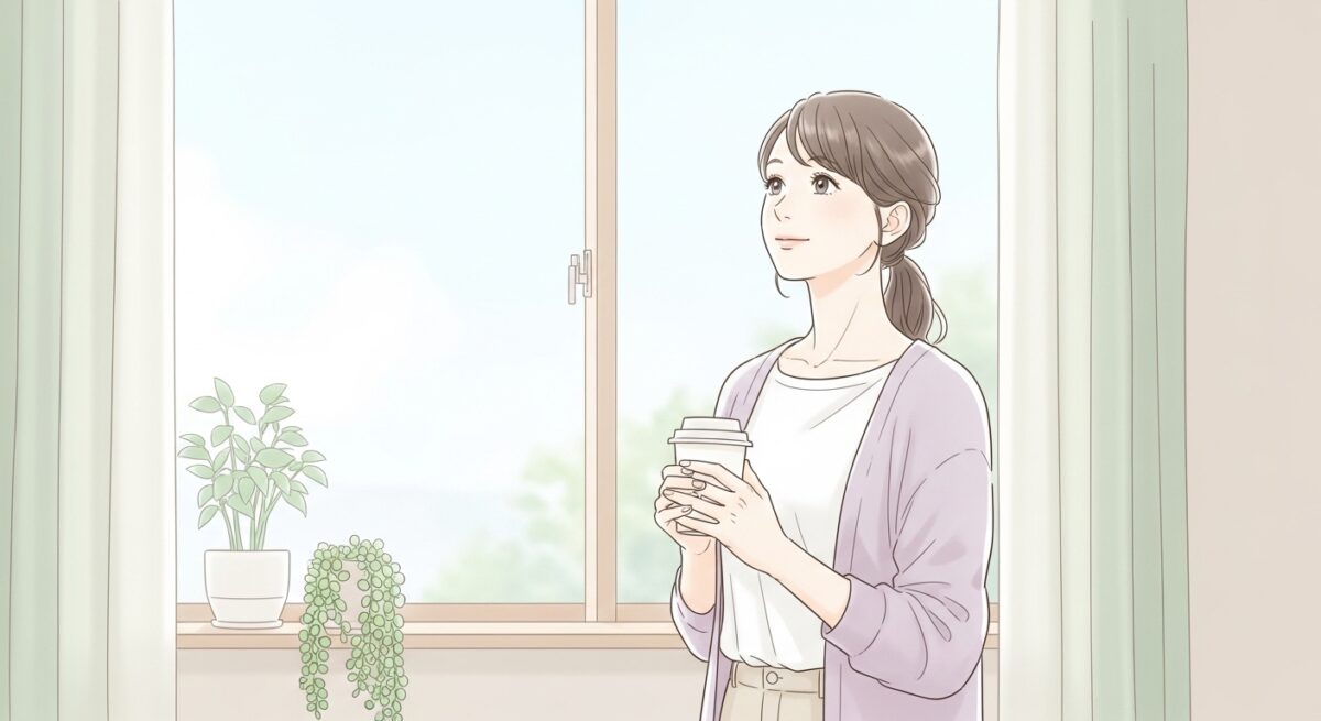 窓辺で未来を見つめるように静かに立つ洋服姿の日本人女性のイラスト。落ち着いた部屋とやわらかな光が描かれている。