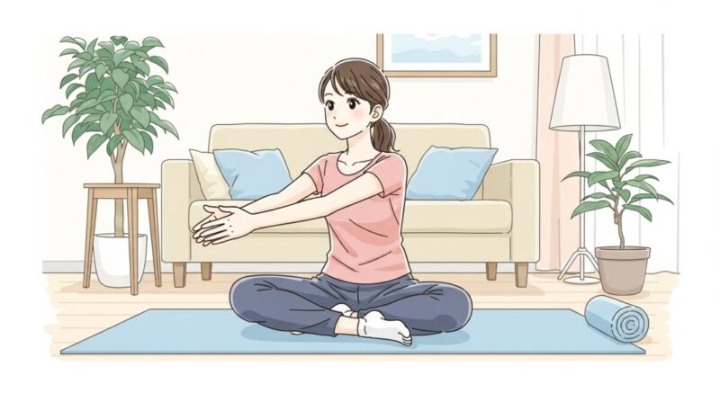 ヨガマットの上でストレッチをする洋服姿の日本人女性のイラスト。朝の光が差し込む室内で心地よく過ごす様子。