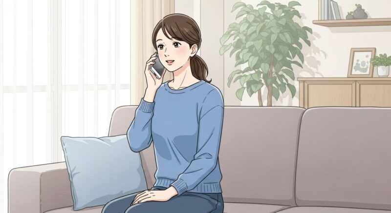 スマートフォンで占い師に相談している日本人女性のイラスト。リラックスした表情と落ち着いた室内の雰囲気が印象的。