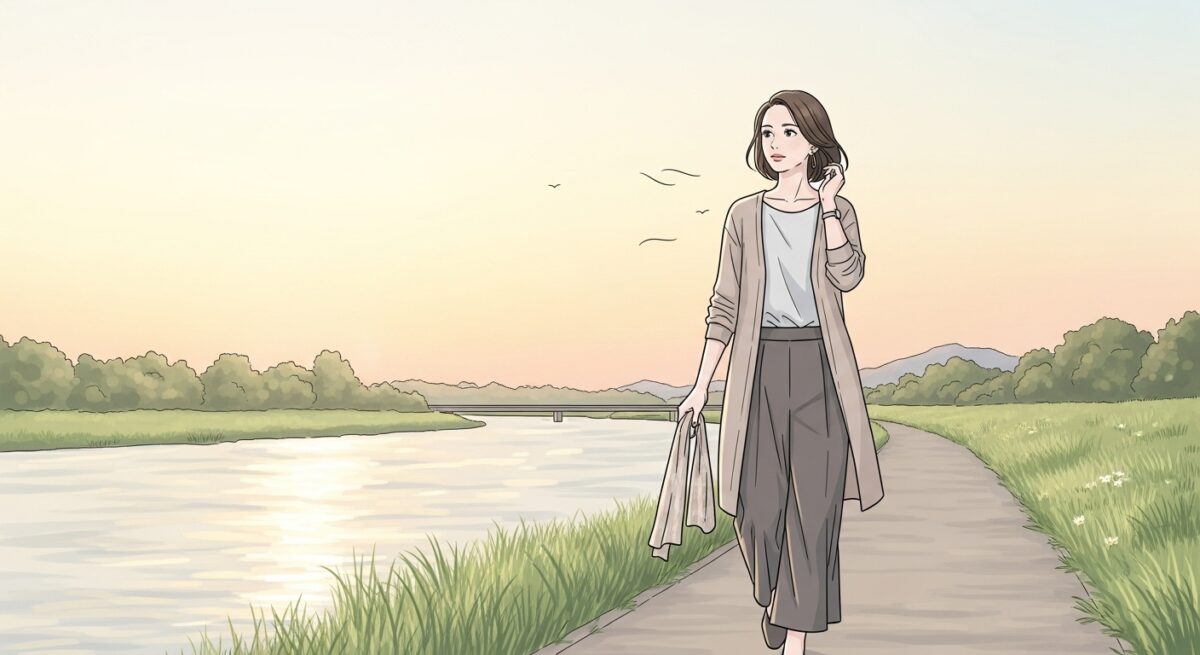 夕暮れの河川敷を歩きながら物思いにふける日本人女性のイラスト(静かで内省的な雰囲気)