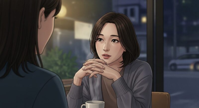 夜のカフェで友人に相談する日本人女性のイラスト(静かな対話のシーン)