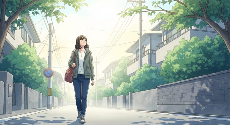 朝の住宅街を散歩する日本人女性のイラスト(穏やかな朝の空気感)