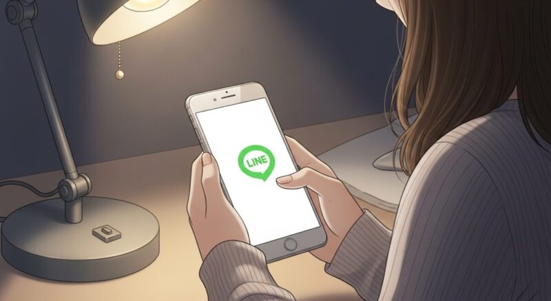 夜、LINEを送信した後にほっと微笑む日本人女性のイラスト(安心した表情)