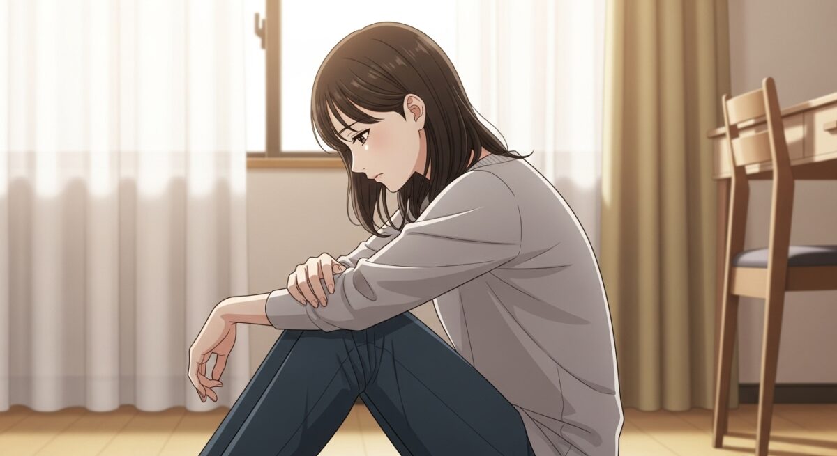 喧嘩別れのあと、ひとり部屋で後悔と反省の気持ちに沈む女性の繊細なイラスト