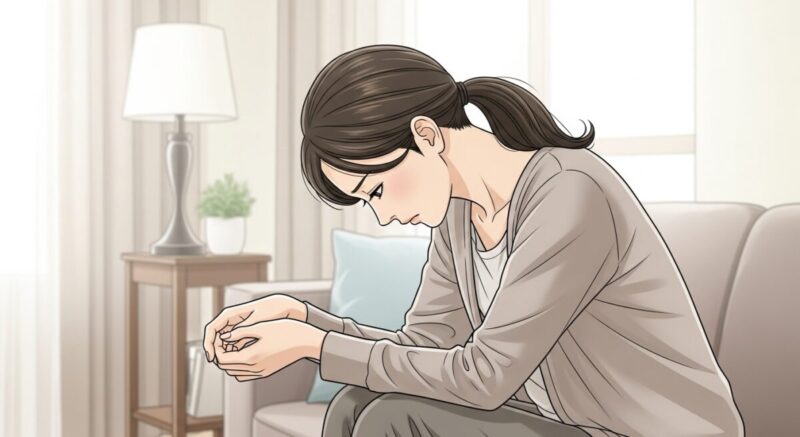 感情的な喧嘩のあとで気持ちを整理している女性が、ソファに座りうつむいている様子のイラスト