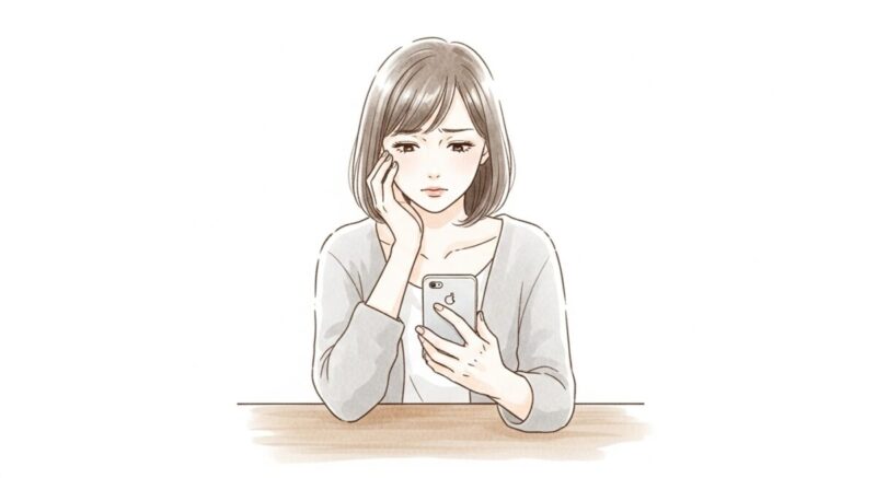 謝罪メッセージを送るべきか迷いながらスマホを見つめる女性のイラスト(柔らかな画風)