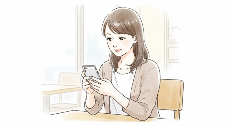 カフェのテーブルでスマホを見つめながら返信を待つ女性のイラスト(控えめな笑顔・落ち着いた服装)