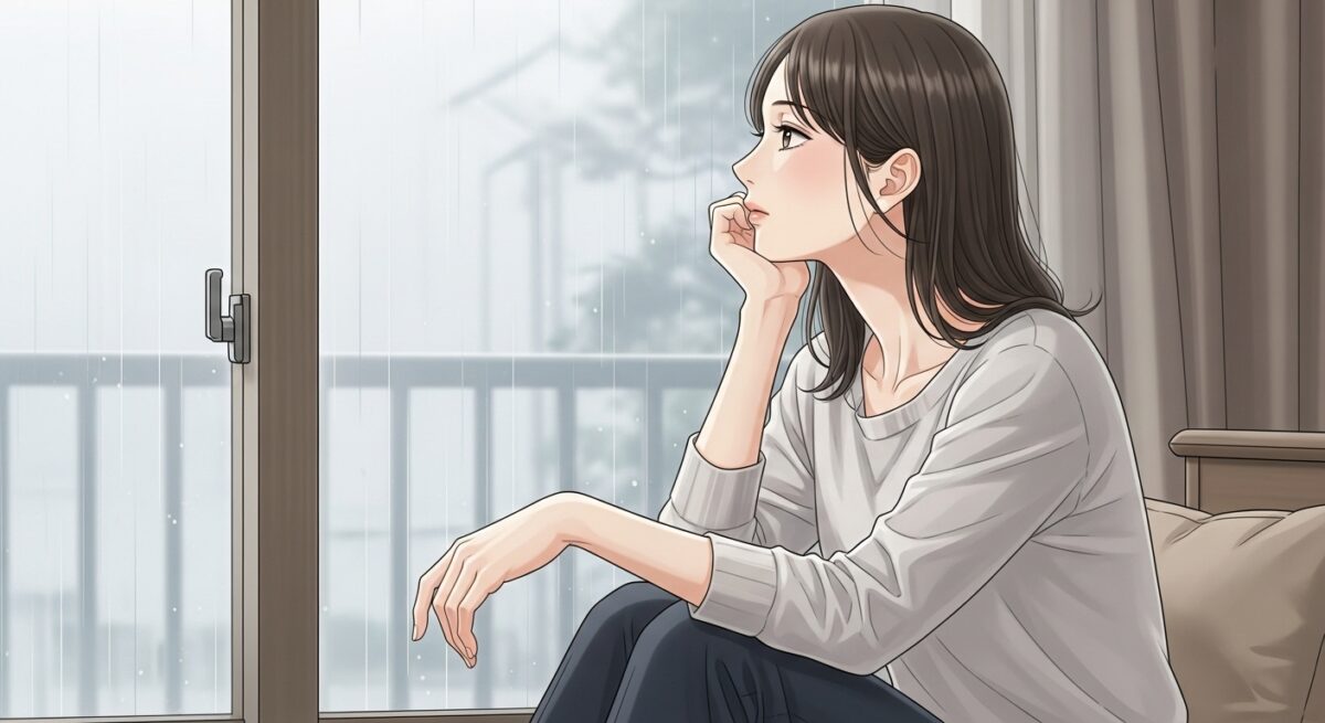 窓辺で雨を見つめる落ち着いた表情の日本人女性の繊細なイラスト。静かな時間を感じさせる優しい色調の構図。