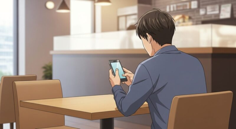 カフェでスマホを見つめる日本人男性の後ろ姿。落ち着いた色調の店内で一人の時間を過ごす様子。