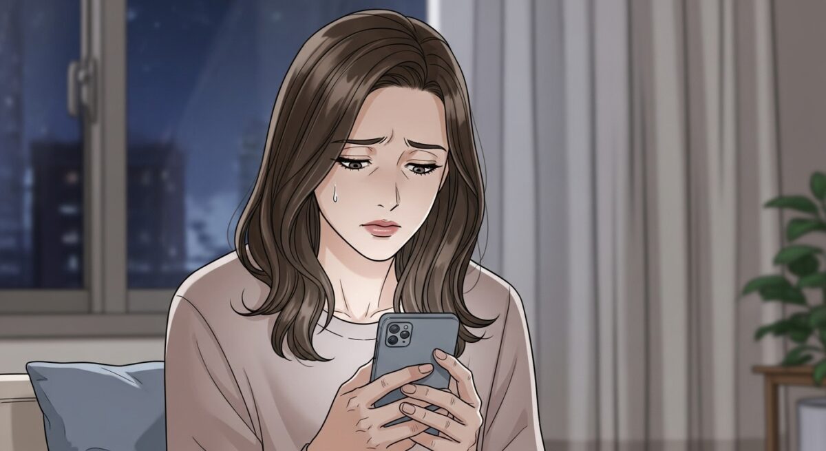 スマホを見つめながら冷却期間中の連絡に悩む女性のイラスト
