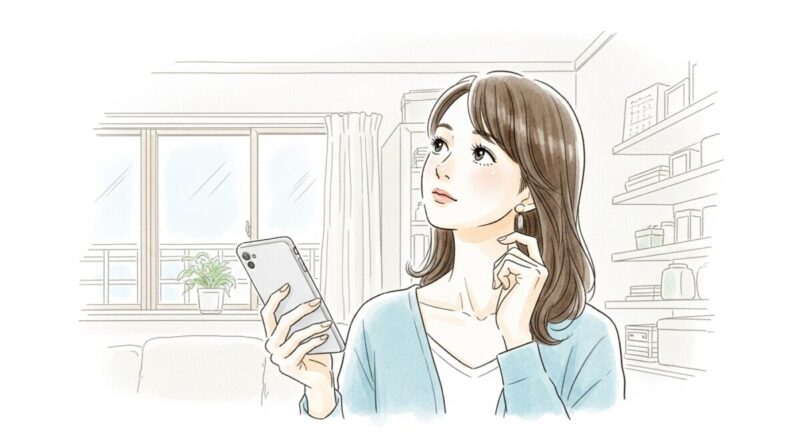 スマートフォンを片手に持ち、何か大切な日を思い出すように遠くを見つめる30代女性のイラスト。