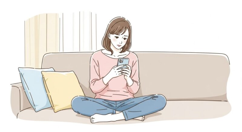 LINEの返信が来なくて落ち込む女性のイラスト