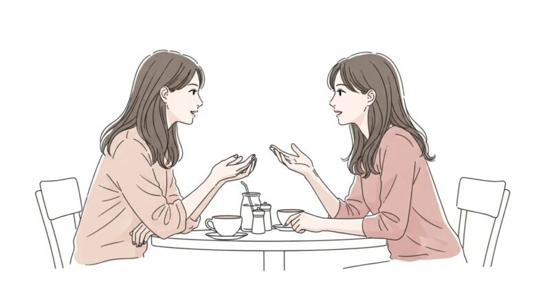 カフェで悩みを相談する女性のイラスト