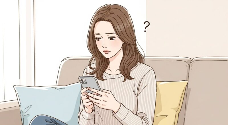 LINEを送るか悩んでスマホを見つめる女性のイラスト