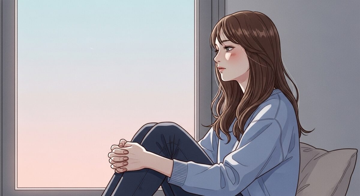 窓辺で物思いにふける大人の女性の繊細なイラスト